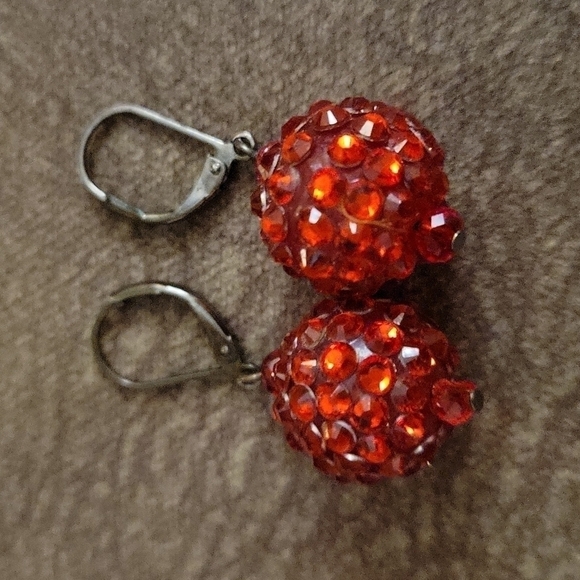 3/$30 Red Disco Ball Christmas Holiday Leverback Gunmetal Dangle Earrings - Picture 2 of 6